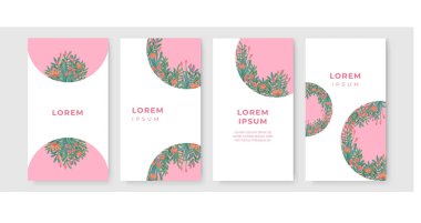 Üzerinde pembe çiçek olan bir kart seti, çiçek yaprakları suluboya. Düğün yeşilliği konsepti terk eder. Çiçekli poster, düğün davetiyesi şablonu. Vektör dekoratif tebrik kartı veya davet tasarım arkaplanı