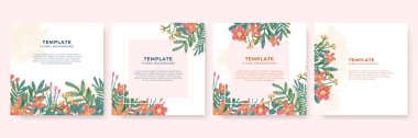 Üzerinde pembe çiçek olan bir kart seti, çiçek yaprakları suluboya. Düğün yeşilliği konsepti terk eder. Çiçekli poster, düğün davetiyesi şablonu. Vektör dekoratif tebrik kartı veya davet tasarım arkaplanı