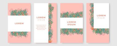 Üzerinde pembe çiçek olan bir kart seti, çiçek yaprakları suluboya. Düğün yeşilliği konsepti terk eder. Çiçekli poster, düğün davetiyesi şablonu. Vektör dekoratif tebrik kartı veya davet tasarım arkaplanı