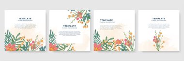 Üzerinde pembe çiçek olan bir kart seti, çiçek yaprakları suluboya. Düğün yeşilliği konsepti terk eder. Çiçekli poster, düğün davetiyesi şablonu. Vektör dekoratif tebrik kartı veya davet tasarım arkaplanı