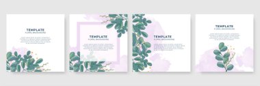 Üzerinde pembe çiçek olan bir kart seti, çiçek yaprakları suluboya. Düğün yeşilliği konsepti terk eder. Çiçekli poster, düğün davetiyesi şablonu. Vektör dekoratif tebrik kartı veya davet tasarım arkaplanı