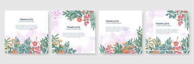 Üzerinde pembe çiçek olan bir kart seti, çiçek yaprakları suluboya. Düğün yeşilliği konsepti terk eder. Çiçekli poster, düğün davetiyesi şablonu. Vektör dekoratif tebrik kartı veya davet tasarım arkaplanı