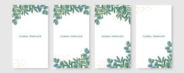 Üzerinde pembe çiçek olan bir kart seti, çiçek yaprakları suluboya. Düğün yeşilliği konsepti terk eder. Çiçekli poster, düğün davetiyesi şablonu. Vektör dekoratif tebrik kartı veya davet tasarım arkaplanı