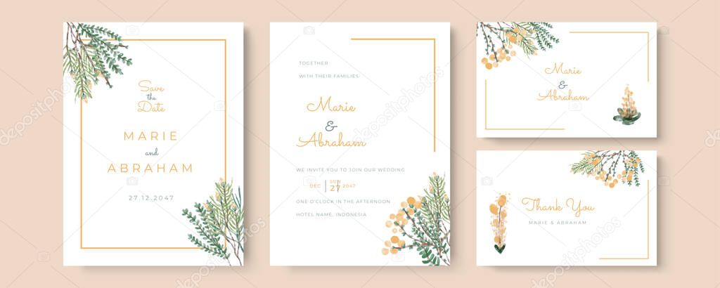 Wedding Invitation watercolor modern style with thank you, save the date. Floral design green watercolor leaves, foliage greenery decorative frame print. Vector elegant greeting card, invite postcard