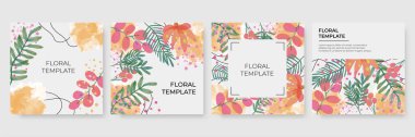 Üzerinde pembe çiçek olan bir kart seti, çiçek yaprakları suluboya. Düğün yeşilliği konsepti terk eder. Çiçekli poster, düğün davetiyesi şablonu. Vektör dekoratif tebrik kartı veya davet tasarım arkaplanı