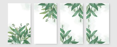 Yaz indirimi afiş şablonu. Tropik palmiye yaprakları desenli yeşillik afişleri. Yaz promosyon dikey kuponu. İndirimli broşür, düğün davetiyesi, tebrik kartı, poster için başvurulabilir. Vektör illüstrasyonu