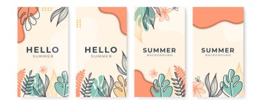 Metin için kopyalama alanı olan soyut arkaplan kümesi. Parlak afişler, posterler, kapak tasarımı şablonları, sosyal medya hikayeleri tropikal yapraklı duvar kağıtları ve en basit bitkilerle