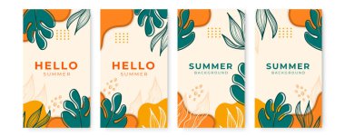 Metin için kopyalama alanı olan soyut arkaplan kümesi. Parlak afişler, posterler, kapak tasarımı şablonları, sosyal medya hikayeleri tropikal yapraklı duvar kağıtları ve en basit bitkilerle