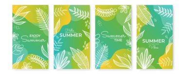 Metin için kopyalama alanı olan soyut arkaplan kümesi. Parlak afişler, posterler, kapak tasarımı şablonları, sosyal medya hikayeleri tropikal yapraklı duvar kağıtları ve en basit bitkilerle