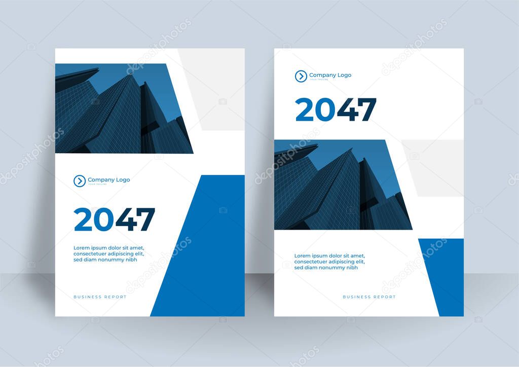 Corporate book cover design template. Modern annual report design with dark blue color concept