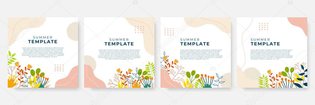 Beautiful fresh floral and leaves wedding invitation card. Hand drawn summer floral social media posts or stories template collection