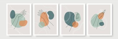 Modern soyut boho tarzı el hareketi. Dört adet el yapımı modern jest sanatları seti çağdaş bohem poster şablonu. Organik boho şekil seti