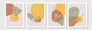 Modern soyut boho tarzı el hareketi. Dört adet el yapımı modern jest sanatları seti çağdaş bohem poster şablonu. Organik boho şekil seti