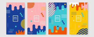 Grafik tasarımı geometrik teknik arka plan seti. Memphis tasarım kapağı koleksiyonu. Modern memphis sertifikası ya da sosyal medya hikayesi şablonu. Soyut şekil memphis tarzı poster tasarımı