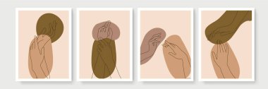 Boho posteri ve jest tarzı duvar dekoru. Yaratıcı minimalist el çizimi soyut sanat. Modern çizimler. Bohem tarzı koleksiyon. Organik boho şekil seti