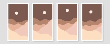 Dört Soyut Estetik Orta Çağ modern manzara seti Çağdaş Boho poster şablonu. Sanat baskısı, kartpostal, duvar kağıdı, duvar sanatı için asgari ve doğal çizimler