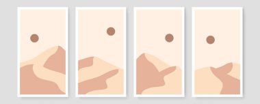 Dört Soyut Estetik Orta Çağ modern manzara seti Çağdaş Boho poster şablonu. Sanat baskısı, kartpostal, duvar kağıdı, duvar sanatı için asgari ve doğal çizimler