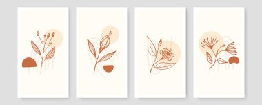 Yapraklı soyut çizgi sanatı kompozisyonları, sanat galerisi için ideal, modern duvar sanat posteri, minimal iç tasarım olarak trend minimalist botanik illüstrasyon seti