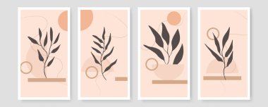 Yapraklı soyut çizgi sanatı kompozisyonları, sanat galerisi için ideal, modern duvar sanat posteri, minimal iç tasarım olarak trend minimalist botanik illüstrasyon seti