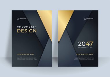 İş ve inşaat için siyah altın kapaklı broşür tasarımı. Arkaplanda renkli kurumsal illüstrasyon olan soyut geometri. Yıllık rapor için iyi, endüstriyel katalog tasarımı