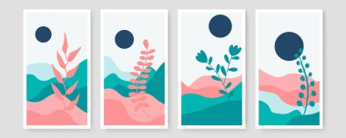 Soyut organik taşıyıcı afiş şablon koleksiyonu. Metin için kopyalama alanı olan boho biçiminde en düşük arkaplan. Sosyal medya için vektör illüstrasyonu şablon kapağı, kartpostal, duvar kağıdı, duvar sanatı