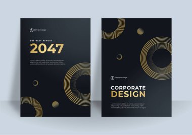 İş ve inşaat için siyah altın kapaklı broşür tasarımı. Arkaplanda renkli kurumsal illüstrasyon olan soyut geometri. Yıllık rapor için iyi, endüstriyel katalog tasarımı