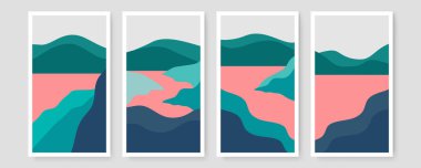 Soyut manzara çizimleri koleksiyonu. Dağlar, güneş, günbatımı, çöl, sahil, nehir, tepeler minimalist tasarım. Modern orta yüzyıl sanatı, boho ev dekorasyonu, duvar sanatı. Sosyal medya gönderme şablonu
