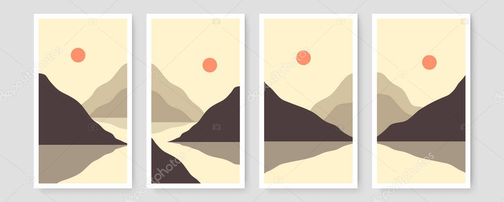 Set of four Abstract Aesthetic mid century modern landscape Contemporary boho poster cover template. Minimal and natural Illustrations for art print, postcard, wallpaper, wall art