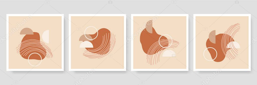 Set of trendy minimalist botanical vector illustration as abstract line art compositions with leaves, ideal for art gallery, modern wall art poster, minimal interior design