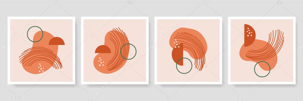 Set of trendy minimalist botanical vector illustration as abstract line art compositions with leaves, ideal for art gallery, modern wall art poster, minimal interior design