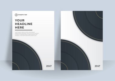 İş ve inşaat için siyah altın kapaklı broşür tasarımı. Arkaplanda renkli kurumsal illüstrasyon olan soyut geometri. Yıllık rapor için iyi, endüstriyel katalog tasarımı