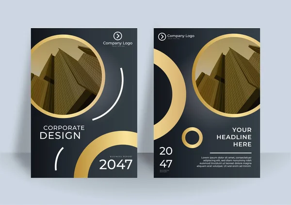 Брошура Чорно Золота Обкладинка Дизайну Набір Бізнесу Будівництва Абстрактна Геометрія — стоковий вектор
