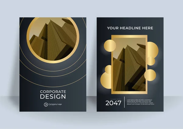 Folheto Design Capa Ouro Preto Conjunto Layout Para Negócios Construção — Vetor de Stock