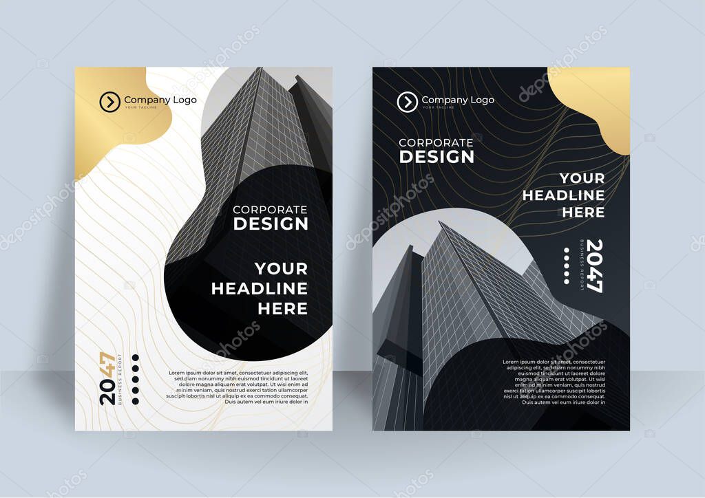 Brochure black gold cover design layout set for business and construction. Abstract geometry with colored corporate vector illustration on background. Good for annual report, industrial catalog design