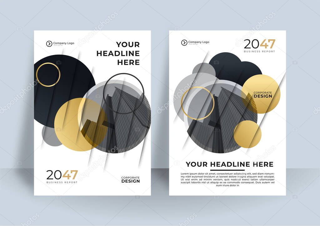 Brochure black gold cover design layout set for business and construction. Abstract geometry with colored corporate vector illustration on background. Good for annual report, industrial catalog design