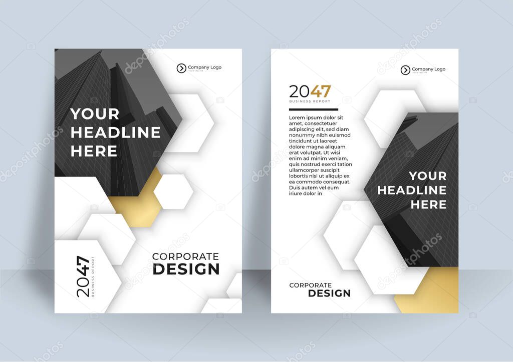 Brochure black gold cover design layout set for business and construction. Abstract geometry with colored corporate vector illustration on background. Good for annual report, industrial catalog design