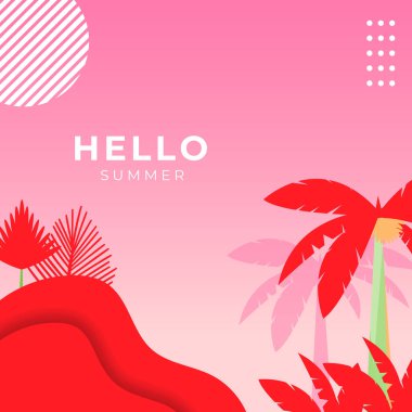 Çiçekli ve tropikal yapraklı yaz indirimi afişi, pankart, el ilanı, davetiye, poster, web sitesi veya tebrik kartı için renkli tasarım. Sosyal medya gönderme şablonu, vektör illüstrasyonu