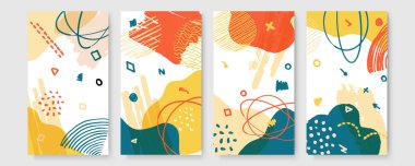 Fotokopi alanı, fırça darbeleri ve el işaretleri olan soyut afişler. Modern geometrik kapaklar ayarlandı. Suluboya, tropikal yaprak çerçeveli, fırçalı ve parıltılı moda duvar kağıtları