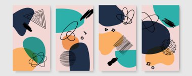 Davetiye, kapak, poster için vektör tasarım şablonları. Renkli çizgi geometrik çerçeveler, pastel renkler ve el fırçası lekeleri, çıplak arkaplanda fırça darbeleri