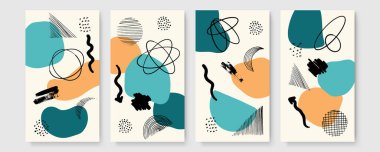 Davetiye, kapak, poster için vektör tasarım şablonları. Renkli çizgi geometrik çerçeveler, pastel renkler ve el fırçası lekeleri, çıplak arkaplanda fırça darbeleri