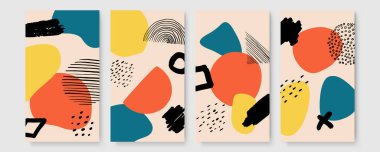 Davetiye, kapak, poster için vektör tasarım şablonları. Renkli çizgi geometrik çerçeveler, pastel renkler ve el fırçası lekeleri, çıplak arkaplanda fırça darbeleri