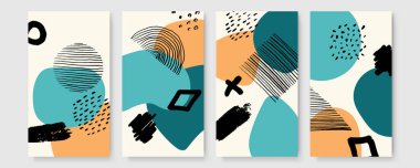 Davetiye, kapak, poster için vektör tasarım şablonları. Renkli çizgi geometrik çerçeveler, pastel renkler ve el fırçası lekeleri, çıplak arkaplanda fırça darbeleri