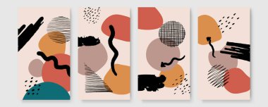 Davetiye, kapak, poster için vektör tasarım şablonları. Renkli çizgi geometrik çerçeveler, pastel renkler ve el fırçası lekeleri, çıplak arkaplanda fırça darbeleri