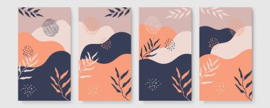 Soyut modern botanik poster koleksiyonu. Soyut şekilli organik bohem duvar resimleri posteri. Tarafsız pastel renk, yeşillik çizimi