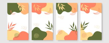 Soyut modern botanik poster koleksiyonu. Soyut şekilli organik bohem duvar resimleri posteri. Tarafsız pastel renk, yeşillik çizimi