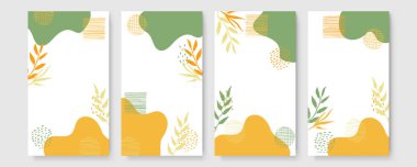 Soyut modern botanik poster koleksiyonu. Soyut şekilli organik bohem duvar resimleri posteri. Tarafsız pastel renk, yeşillik çizimi