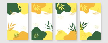 Soyut modern botanik poster koleksiyonu. Soyut şekilli organik bohem duvar resimleri posteri. Tarafsız pastel renk, yeşillik çizimi