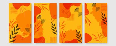 Soyut modern botanik poster koleksiyonu. Soyut şekilli organik bohem duvar resimleri posteri. Tarafsız pastel renk, yeşillik çizimi