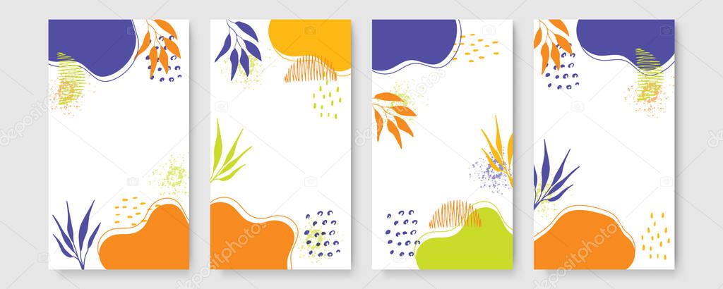 Abstract modern botanical boho poster collection. Organic bohemian wall art poster with watercolor abstract shapes. Neutral pastel color, foliage drawing