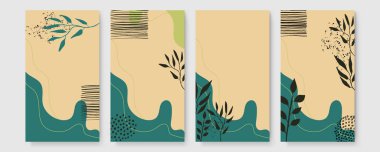 Soyut modern botanik poster koleksiyonu. Soyut şekilli organik bohem duvar resimleri posteri. Tarafsız pastel renk, yeşillik çizimi